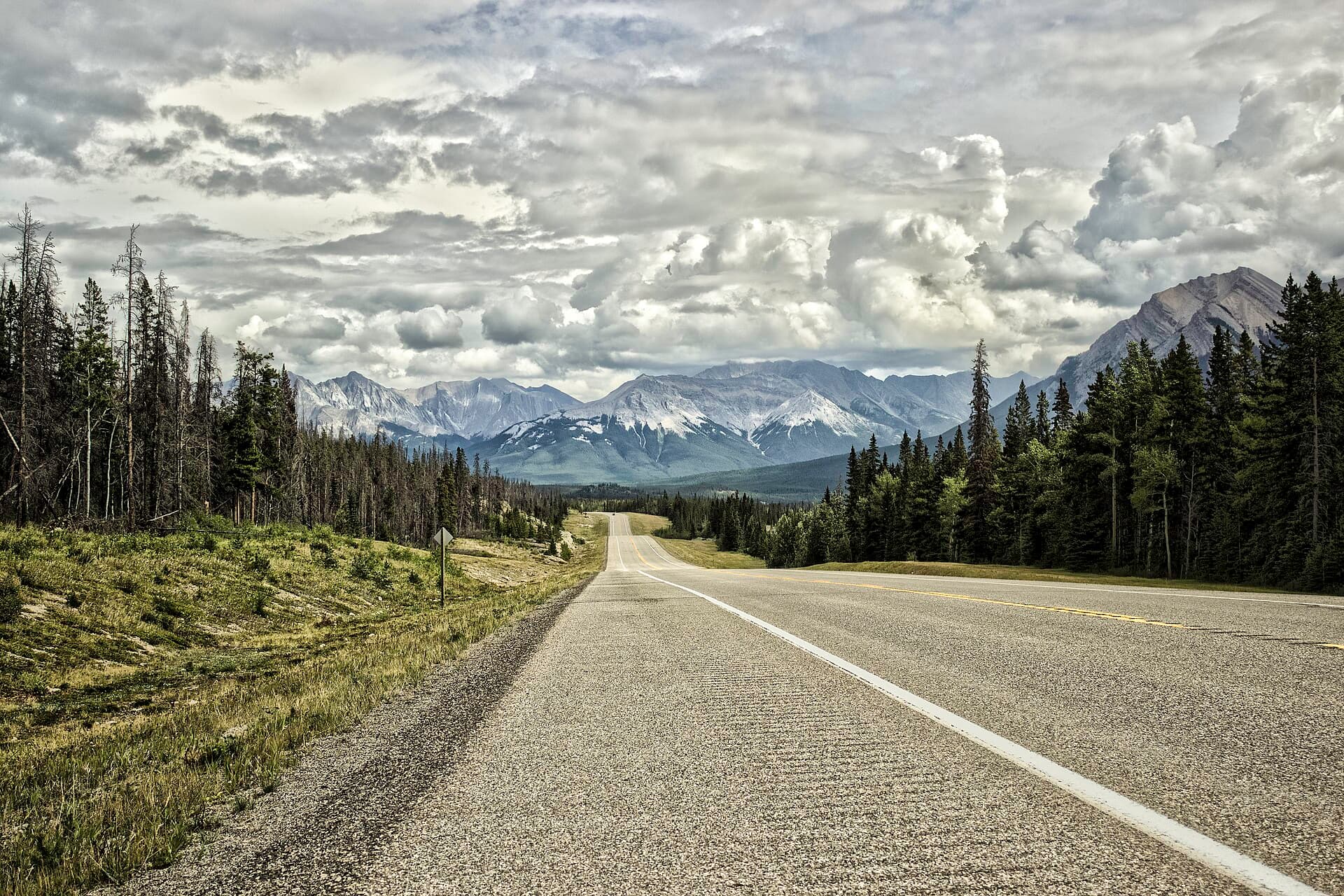 An empty highway running straight toward the Canadian Rockies